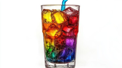 A tall glass of a colorful drink, captured against a white background with the liquid and glass highlighted