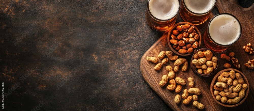 Poster freshly poured beers accompanied by a selection of nuts on a rustic wooden board with ample space fo