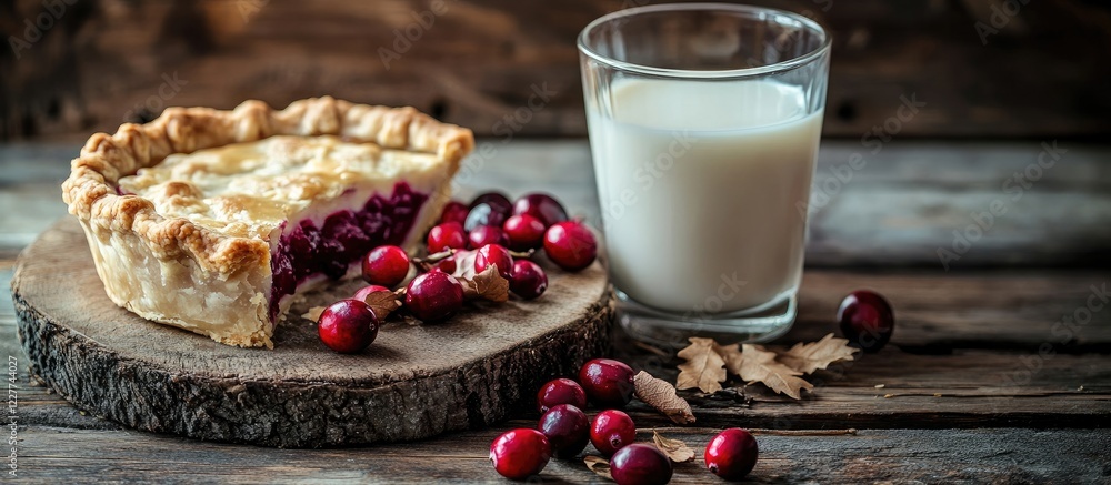 Poster rustic pie with cranberries and apples served with a glass of milk on wooden background with space f