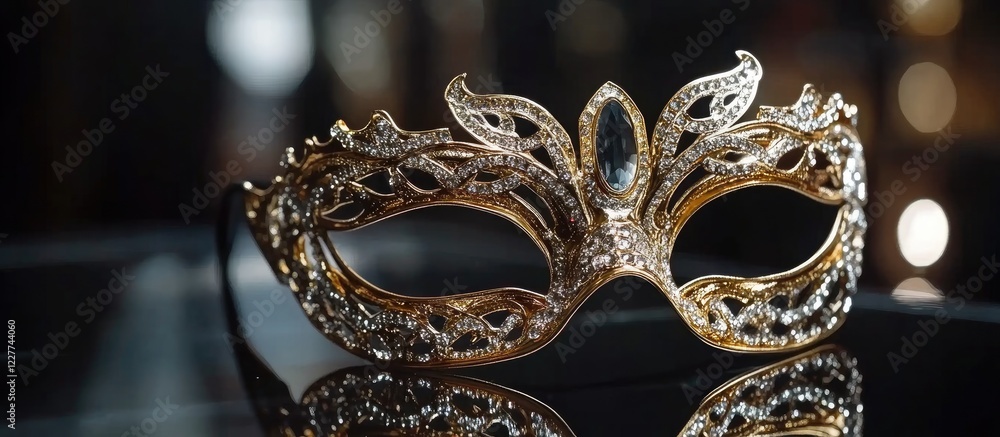 Poster elegant golden masquerade mask with intricate design displayed on a reflective surface showcasing lu
