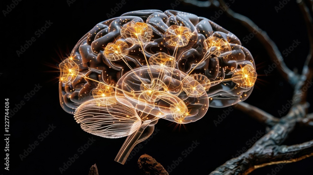 Poster illuminated brain with glowing connections, symbolizing thought and creativity in a dark setting