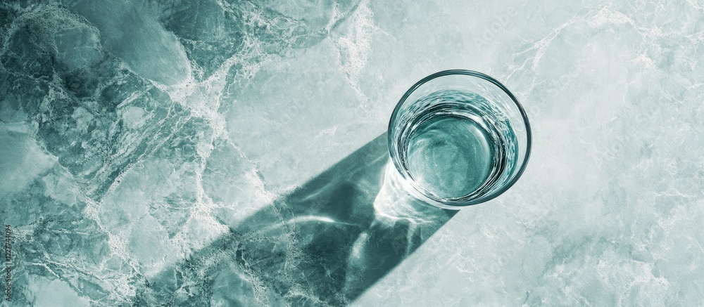 Poster glass of water on clean minimalist surface with shadow and copy space for elegant design and text ba