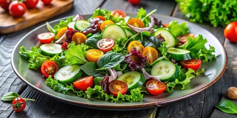 Fresh mixed greens salad on a plate with cherry tomatoes and cucumber slices