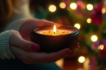 Holding a decorative candle in a cozy setting with soft lights and flowers