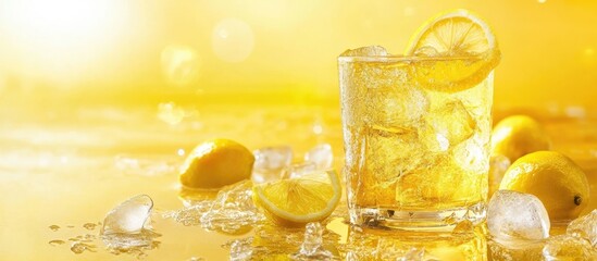 Golden beverage in glass with ice and lemon slice against a vibrant yellow background perfect for text overlay or advertising purposes