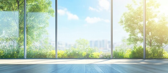 Naklejka premium Modern Office Space with Glass Partition and Bright Natural Light Creating an Inviting Ambiance in a Scenic Outdoor Setting