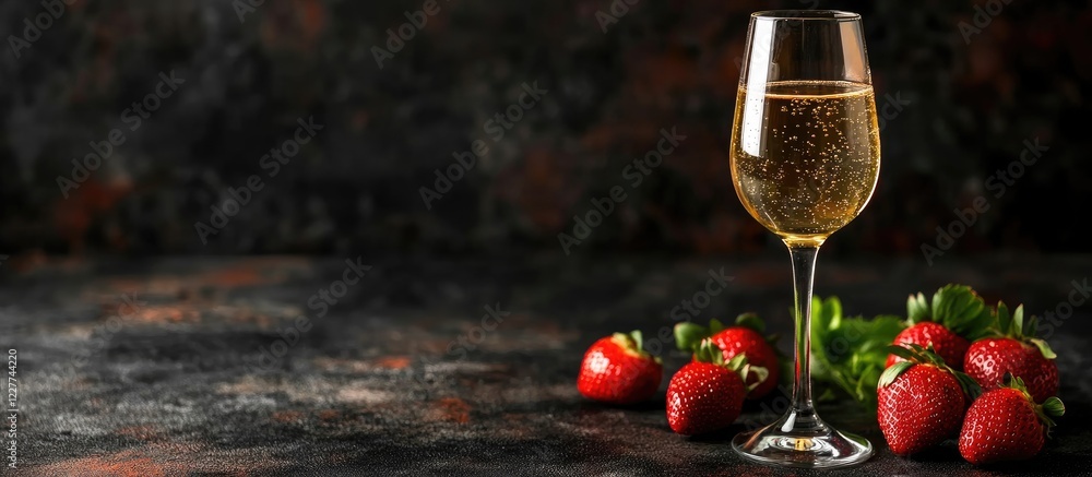 Poster sparkling white wine glass with fresh strawberries on dark surface and empty copy space for text in 
