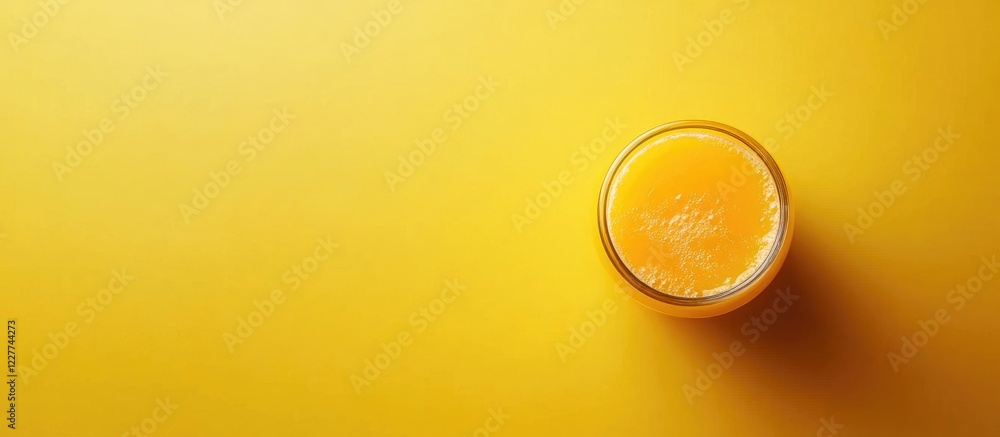 Poster freshly squeezed orange juice in glass positioned on a vibrant yellow backdrop with ample empty spac