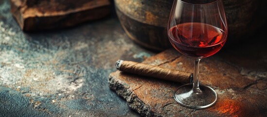 Elegant glass of port wine beside a cigar on rustic wood and stone surfaces with ample space for personalized text or promotional content