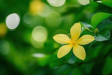 Yellow flower blooming among vibrant green leaves in a natural setting