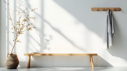 95. A modern wooden coat rack with minimal design and functional hooks, placed on white