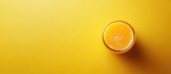 Freshly squeezed orange juice in glass positioned on a vibrant yellow backdrop with ample empty space for text and design elements.
