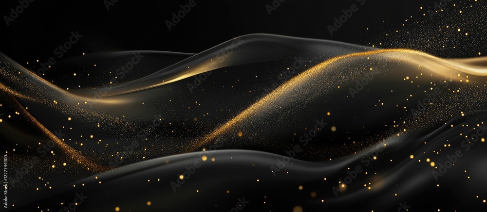 Aufkleber gold dust particles gracefully flowing over a sleek black background creating an elegant template fo