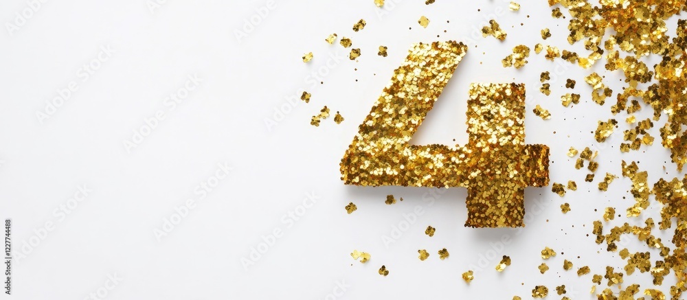Poster gold glitter number 4 confetti on a white background with ample space for your custom text or messag