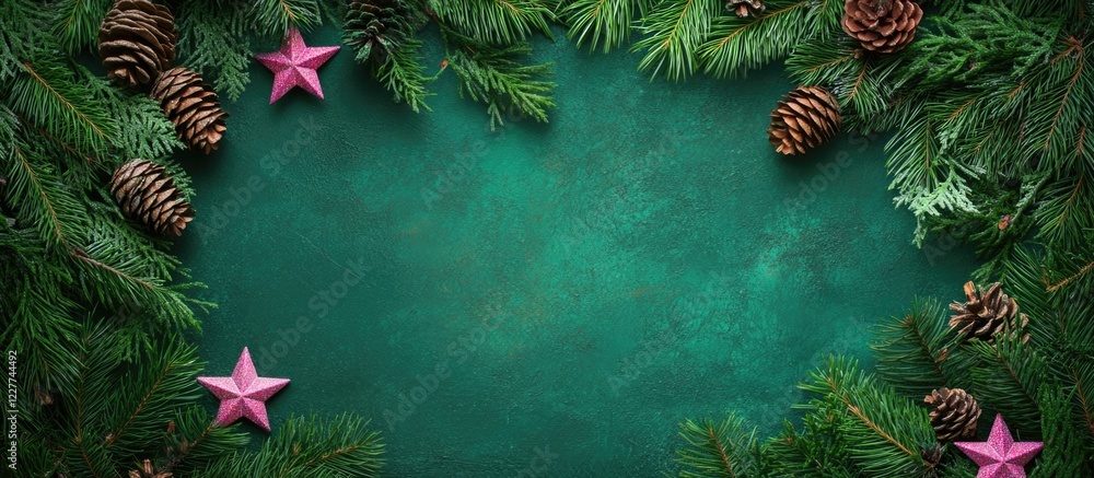 Poster christmas themed border with fir branches, pine cones and decorative stars, featuring an empty space
