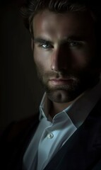 Obraz premium Close-up portrait of a man with intense eyes and a serious expression. The dark background and dramatic lighting enhance the mood.