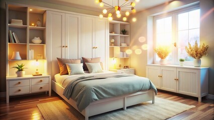 Clean Minimalist Bedroom Interior Design, Tidy Bed and White Cupboard, Bokeh Lighting