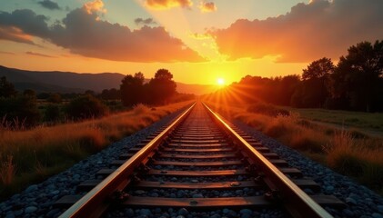Fototapeta premium Golden sunset hues cast long shadows across railway tracks, sleepers visible , journey, steel, autumn
