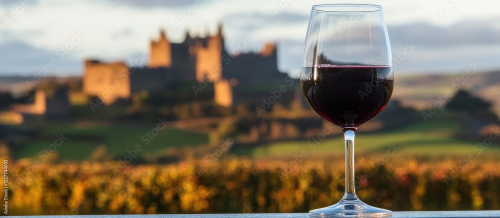 Poster elegant glass of red wine in foreground with blurred medieval castle backdrop and ample space for te