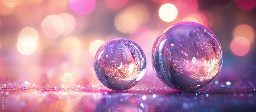 Poster crystal gift orbs on a vibrant bokeh background with shimmering lights and empty space for festive t