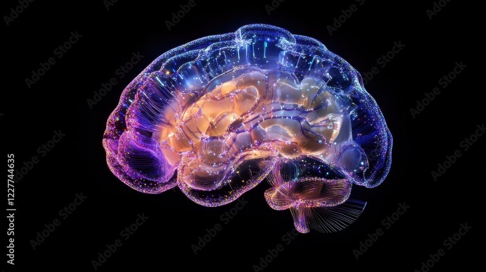 Poster complex network of neurons firing and creating connections inside a translucent human brain, glowing