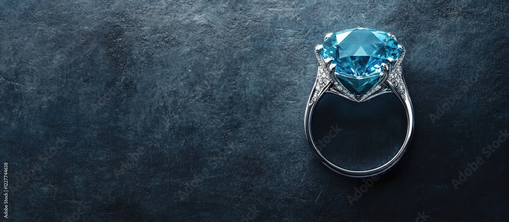 Poster Elegant solitaire gemstone ring on a textured dark background with ample space for personalized text or branding messages.