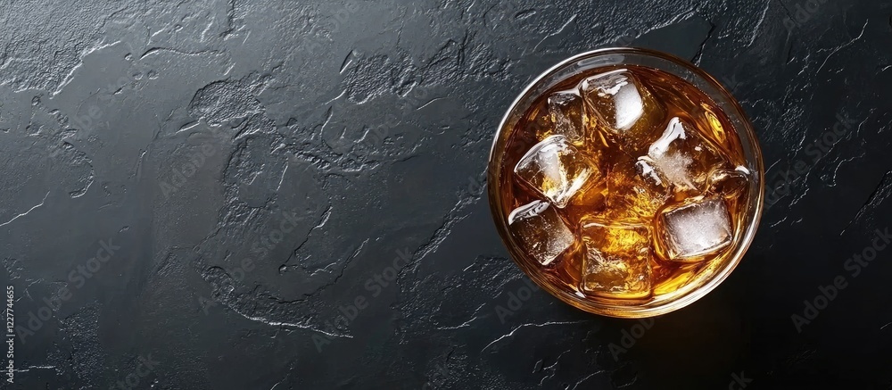Poster whiskey glass with ice cubes on a textured black background showcasing empty space for text or brand