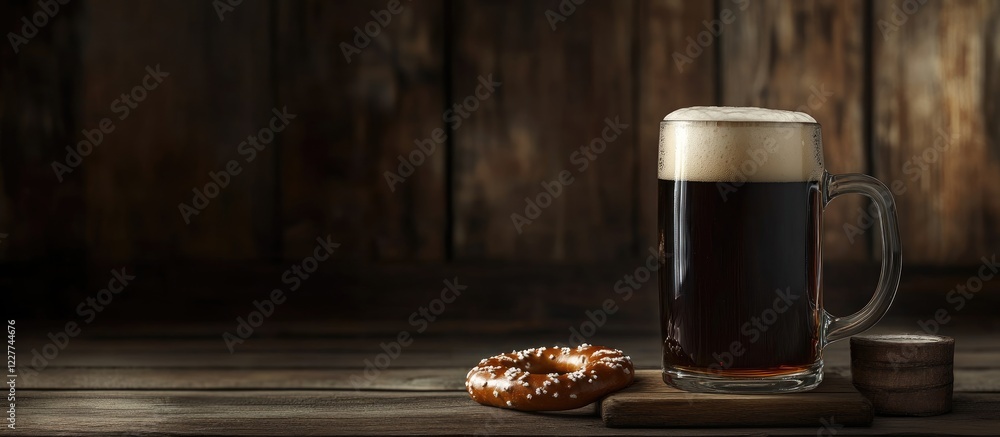 Poster dark beer glass with frothy lager mug and pretzel on rustic wooden background with ample space for t