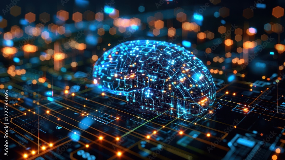Poster futuristic digital brain with glowing circuits and data streams against a tech-inspired background