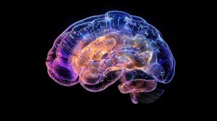 Complex network of neurons firing and creating connections inside a translucent human brain, glowing with vibrant colors on a dark background, symbolizing the power of thought and consciousness