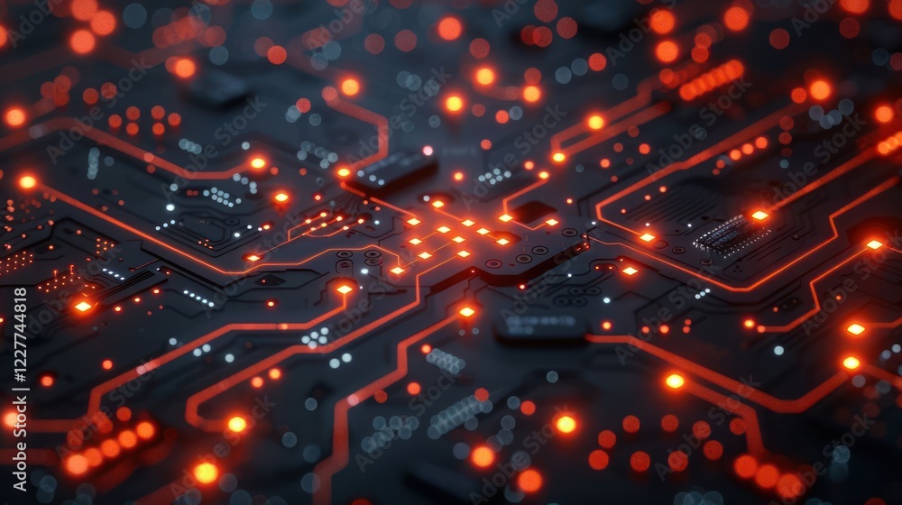 Poster close-up view of a circuit board with glowing red lights, showcasing intricate electronic pathways