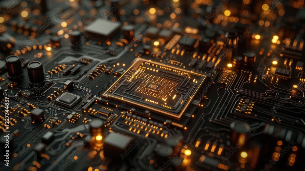 Poster close-up view of a glowing microchip on a circuit board with intricate connections and lights (4)