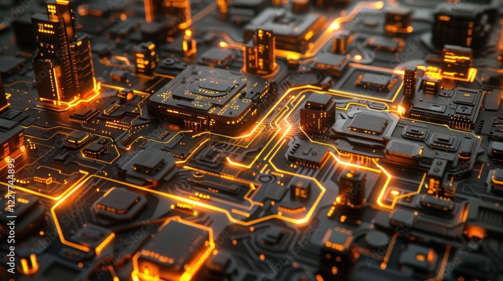 Poster intricate close-up of a futuristic circuit board with glowing orange pathways and structures