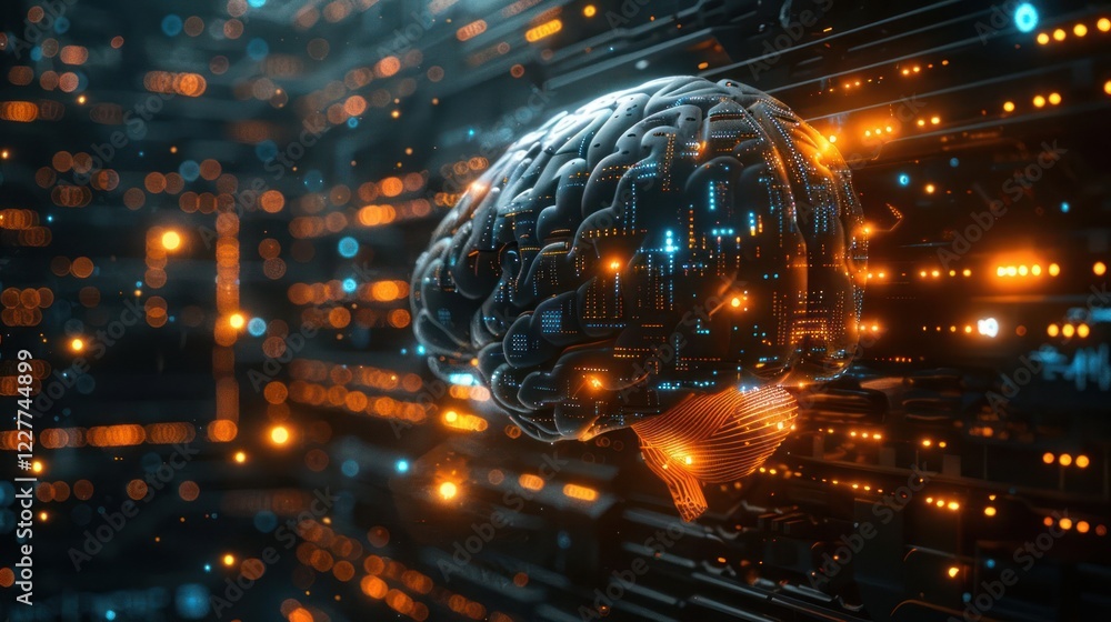 Aufkleber futuristic digital brain surrounded by glowing circuits and data streams in a tech environment