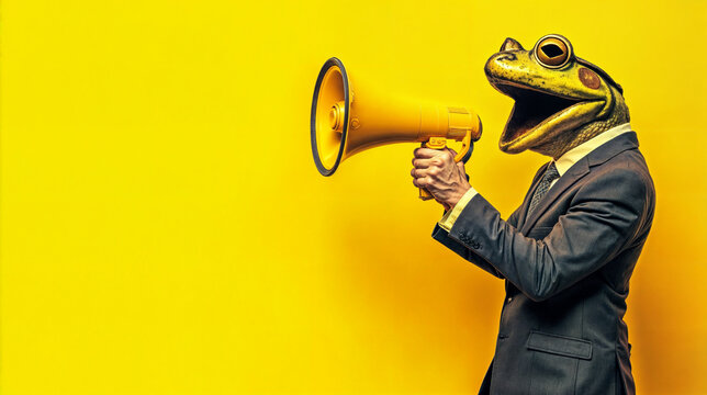 Businessman with frog head speaking with megaphone on yellow background