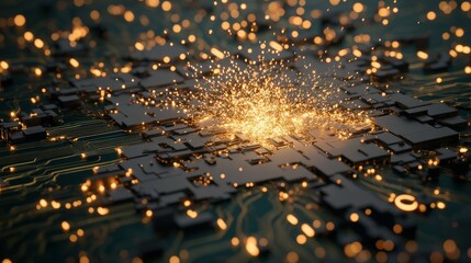 Naklejka premium Sparkling Particles Emanating from Circuit Board with Abstract Design in Dark Background