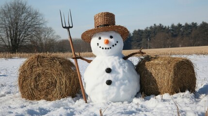 Snowman wearing a straw hat poses beside hay bales on a sunny winter day in a rural landscape