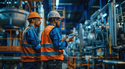 Two industrial workers in safety gear using a tablet in a modern manufacturing facility