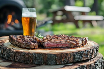 Juicy grilled steak and a cold beer served outdoors on a rustic wooden board