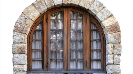 Historic stone window with wooden frames and decorative curtains showcasing traditional...