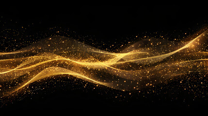 Obraz premium Abstract golden waves with sparkling particles on a black background.
