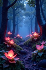 Glowing, iridescent plants in an otherworldly forest, Otherworldly Nature, Ethereal Flora, Luminous Vegetation