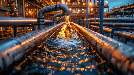Industrial water flow through pipes at a refinery during twilight, with illuminated surroundings