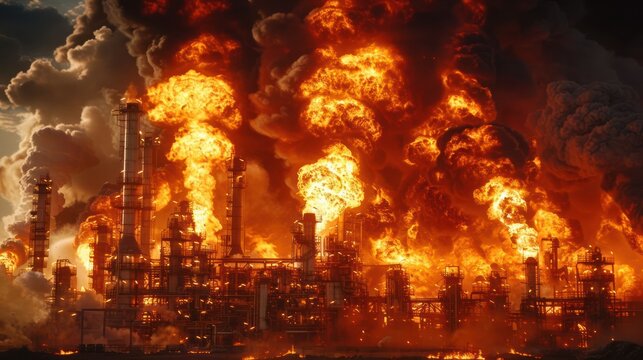 Industrial fire engulfing a refinery with billowing smoke and flames, dramatic sky backdrop