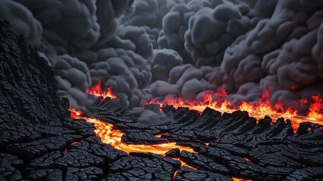 Molten Lava Flowing Through Fiery Hellscape