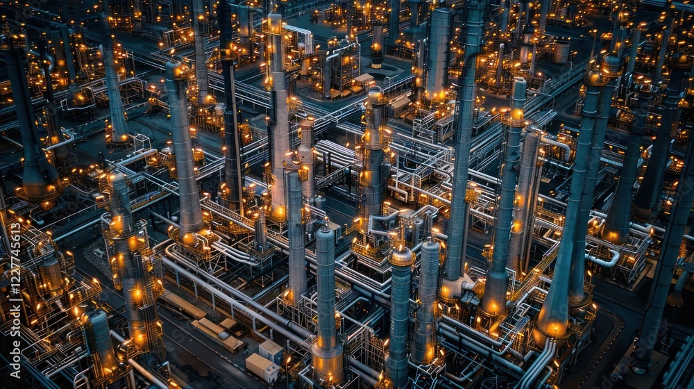 Poster aerial view of a sprawling industrial complex with illuminated pipes and structures at dusk