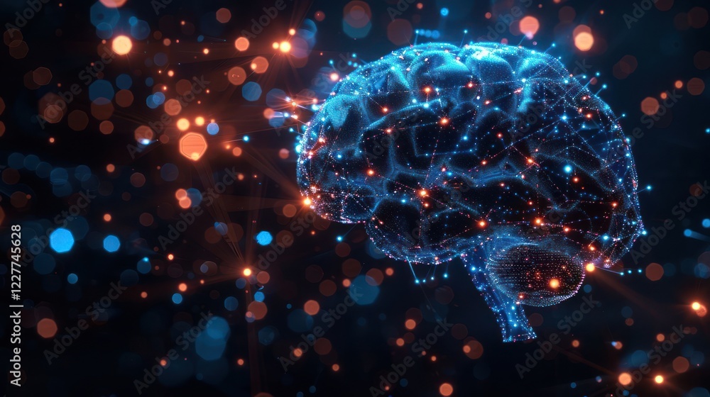 Poster futuristic digital brain visualization with glowing connections and bokeh effects in background