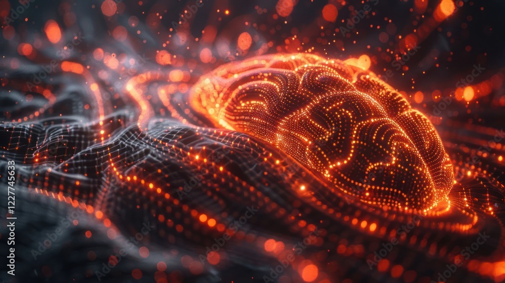 Poster abstract visualization of a glowing brain surrounded by flowing particles in a digital landscape