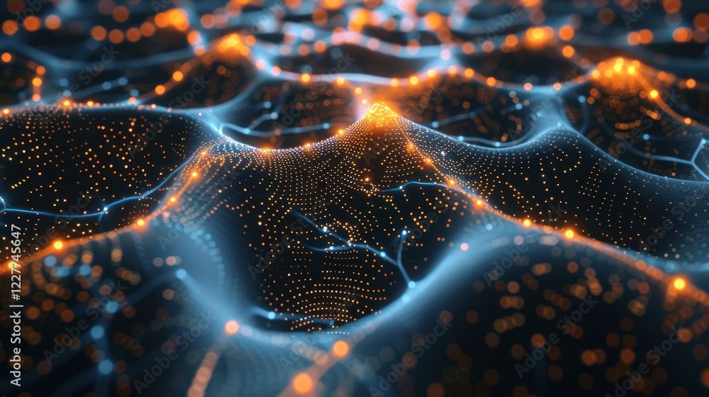 Poster abstract representation of interconnected data points and flowing energy in a digital landscape