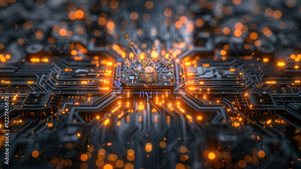 Poster close-up view of a glowing microchip on a circuit board with vibrant orange lights in a tech setting
